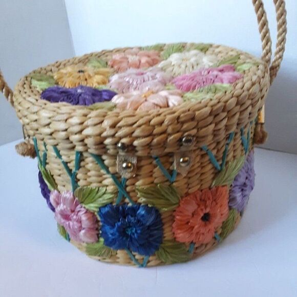 Vintage 70's Straw Floral Hats/ Tote Bag - Picture 12 of 12